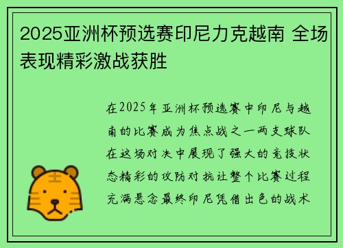 2025亚洲杯预选赛印尼力克越南 全场表现精彩激战获胜