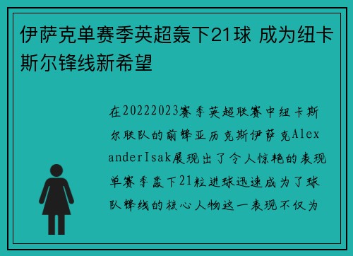 伊萨克单赛季英超轰下21球 成为纽卡斯尔锋线新希望