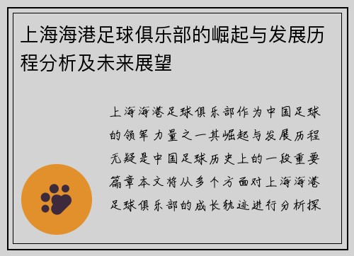 上海海港足球俱乐部的崛起与发展历程分析及未来展望